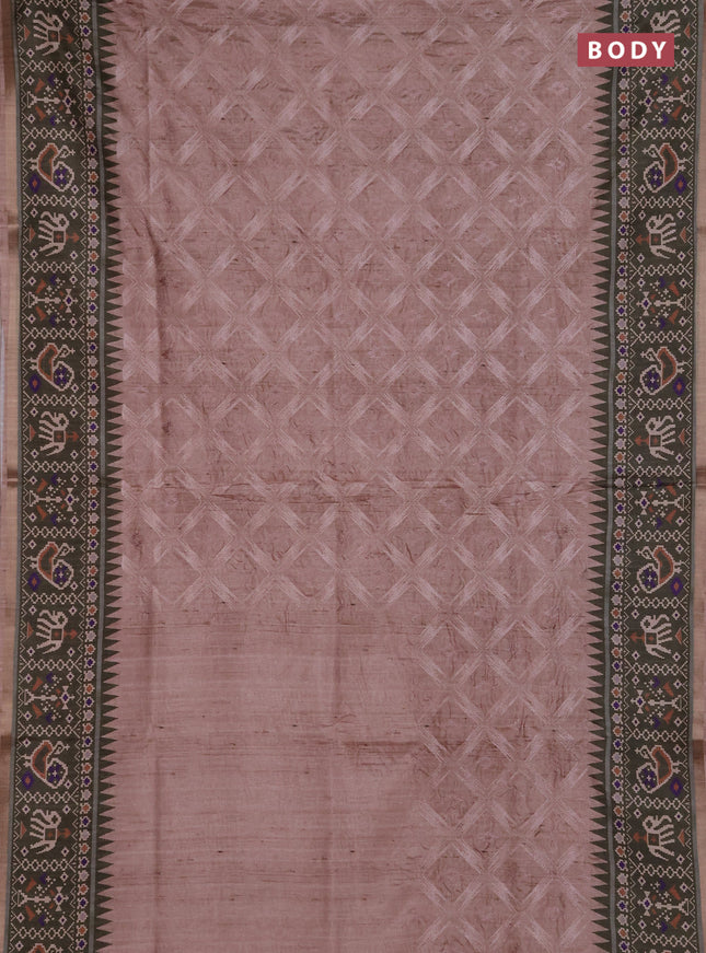 Art tussar saree beige and olive green with allover embroidery work and patola printed border