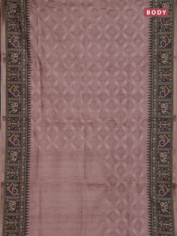 Art tussar saree beige and olive green with allover embroidery work and patola printed border