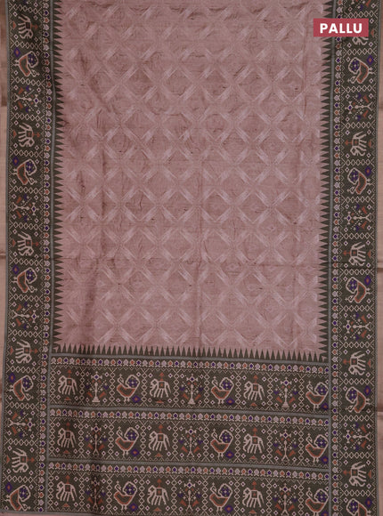 Art tussar saree beige and olive green with allover embroidery work and patola printed border