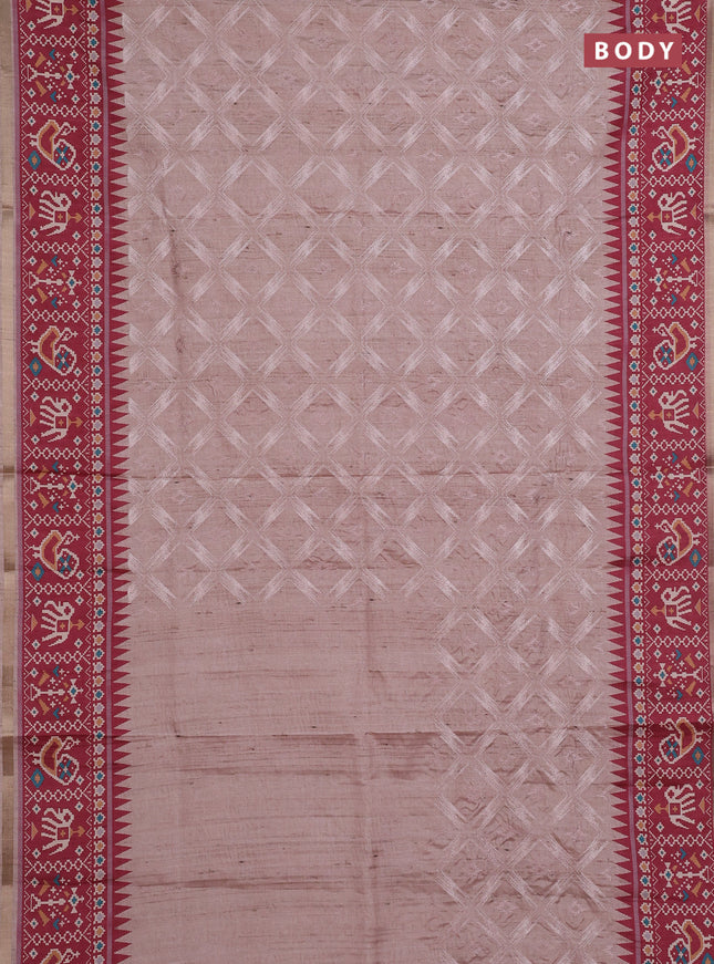 Art tussar saree beige and maroon with allover embroidery work and patola printed border