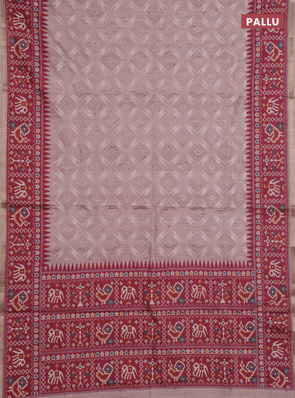 Art tussar saree beige and maroon with allover embroidery work and patola printed border