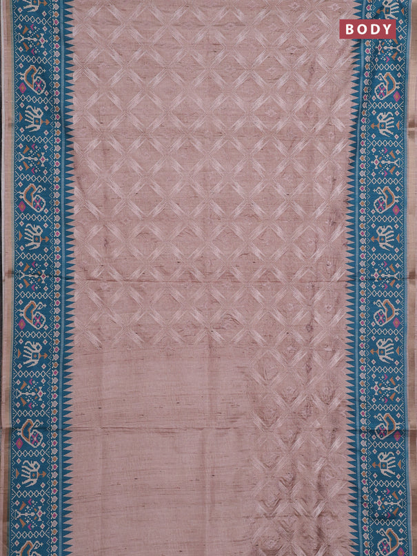 Art tussar saree beige and teal green with allover embroidery work and patola printed border