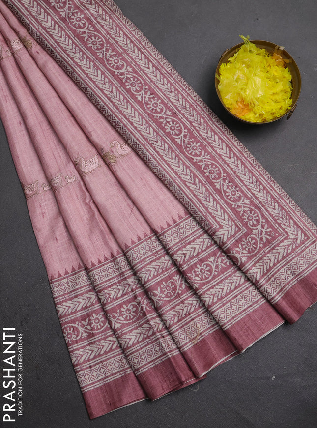 Art tussar saree pastel pink and rosy brown with allover embroidery buttas and long printed border