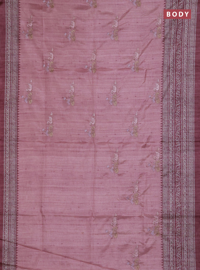 Art tussar saree pastel pink and rosy brown with allover embroidery buttas and long printed border