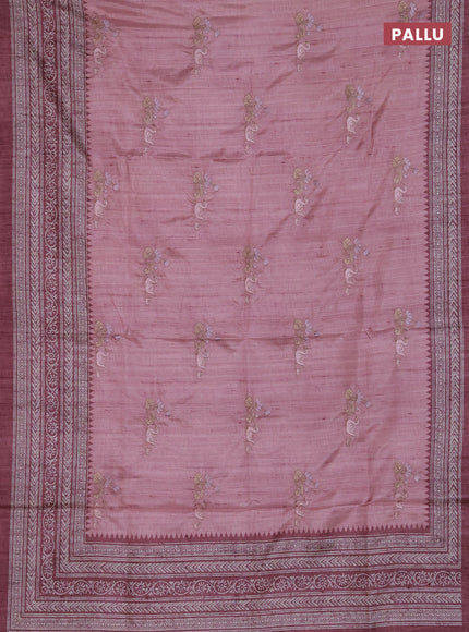 Art tussar saree pastel pink and rosy brown with allover embroidery buttas and long printed border