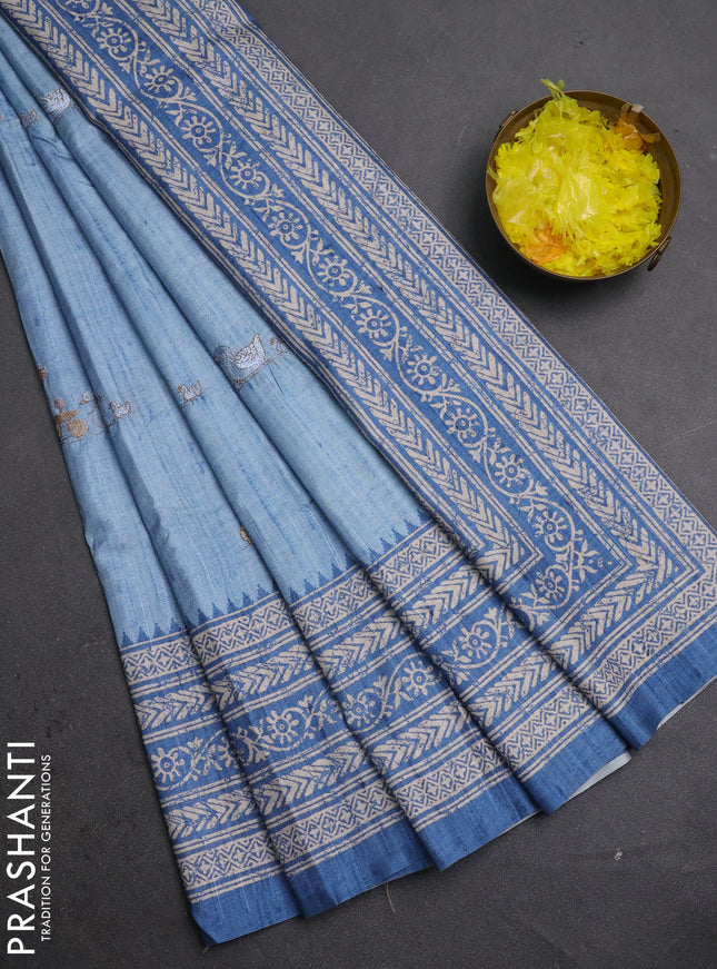 Art tussar saree pastel blue and blue with allover embroidery buttas and long printed border