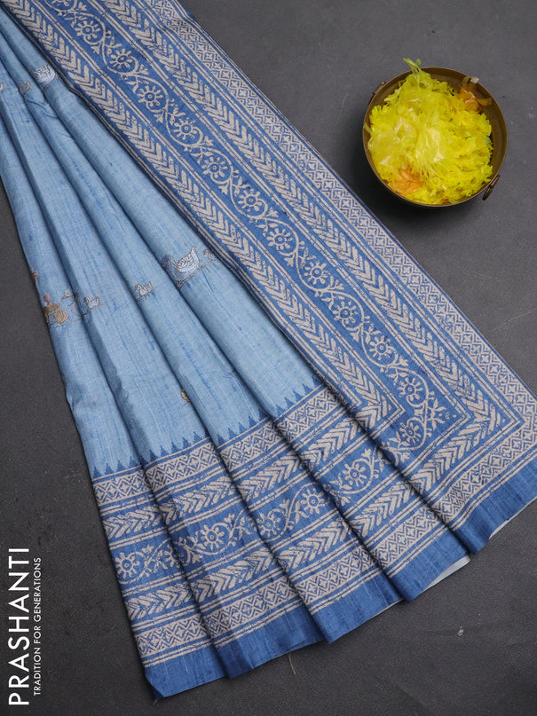 Art tussar saree pastel blue and blue with allover embroidery buttas and long printed border