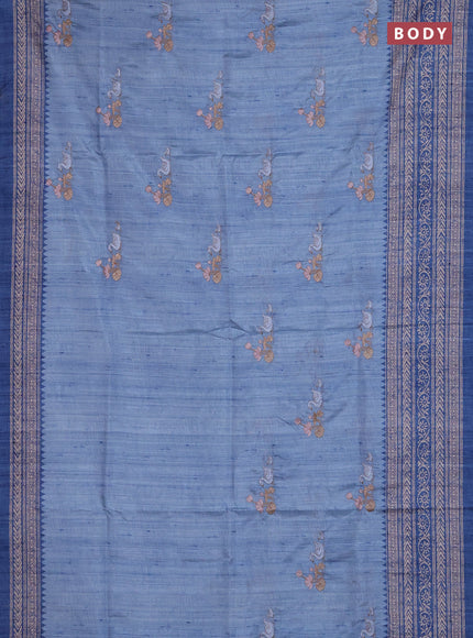 Art tussar saree pastel blue and blue with allover embroidery buttas and long printed border