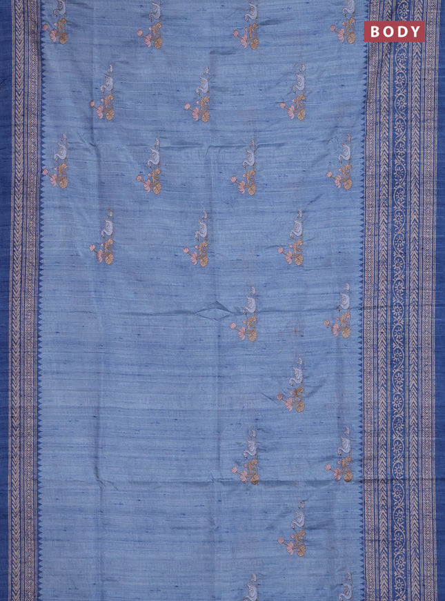 Art tussar saree pastel blue and blue with allover embroidery buttas and long printed border