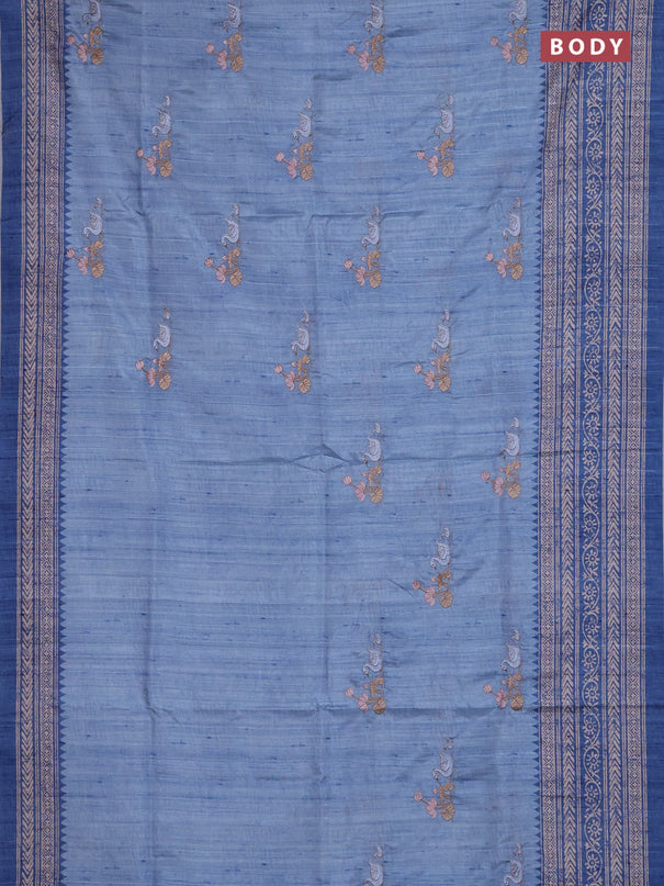 Art tussar saree pastel blue and blue with allover embroidery buttas and long printed border