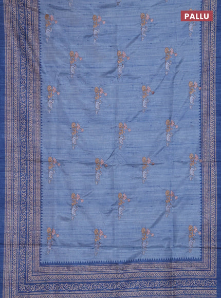 Art tussar saree pastel blue and blue with allover embroidery buttas and long printed border