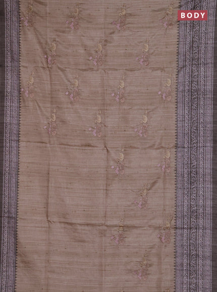 Art tussar saree beige and pastel green with allover embroidery buttas and long printed border