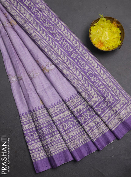 Art tussar saree lavender and purple with allover embroidery buttas and long printed border