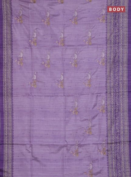 Art tussar saree lavender and purple with allover embroidery buttas and long printed border