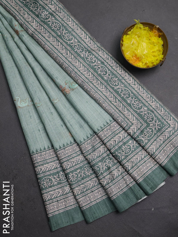 Art tussar saree pastel green and green with allover embroidery buttas and long printed border