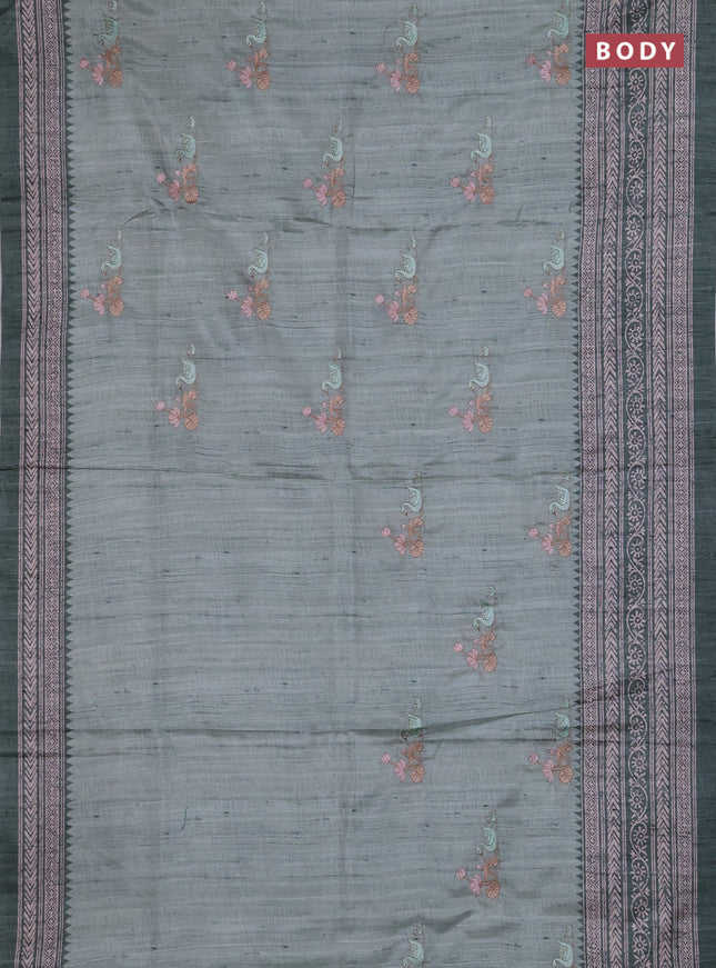 Art tussar saree pastel green and green with allover embroidery buttas and long printed border