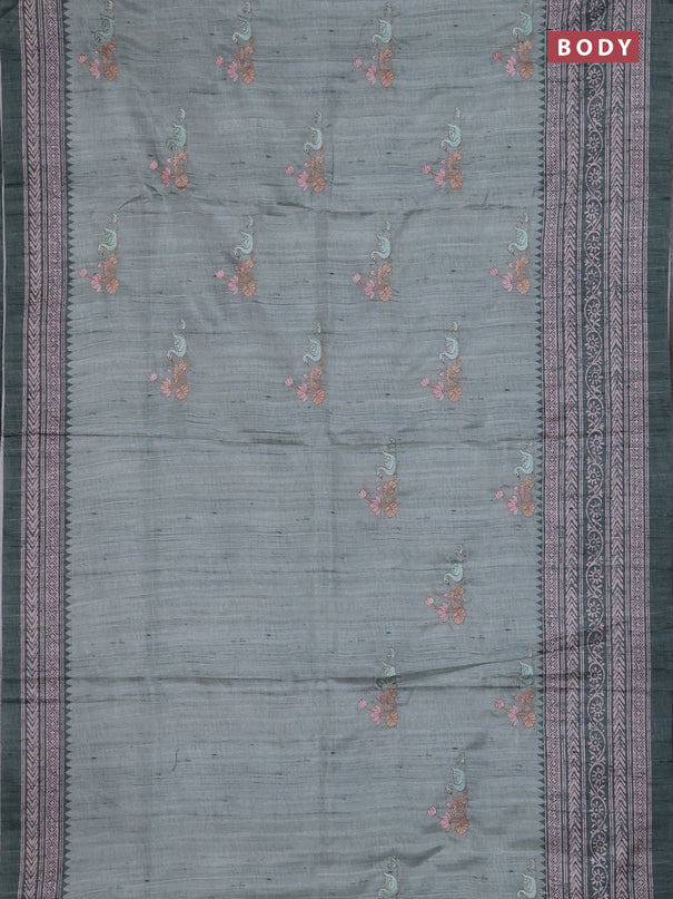 Art tussar saree pastel green and green with allover embroidery buttas and long printed border