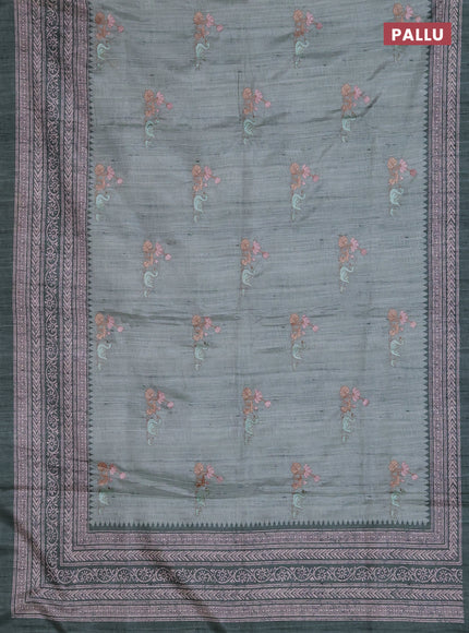 Art tussar saree pastel green and green with allover embroidery buttas and long printed border
