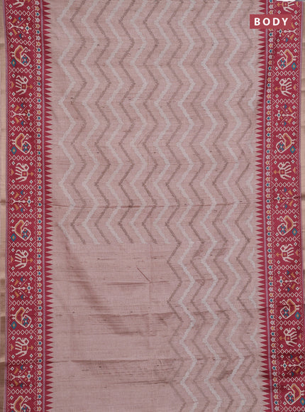 Art tussar saree beige and maroon with allover embroidery work and patola printed border