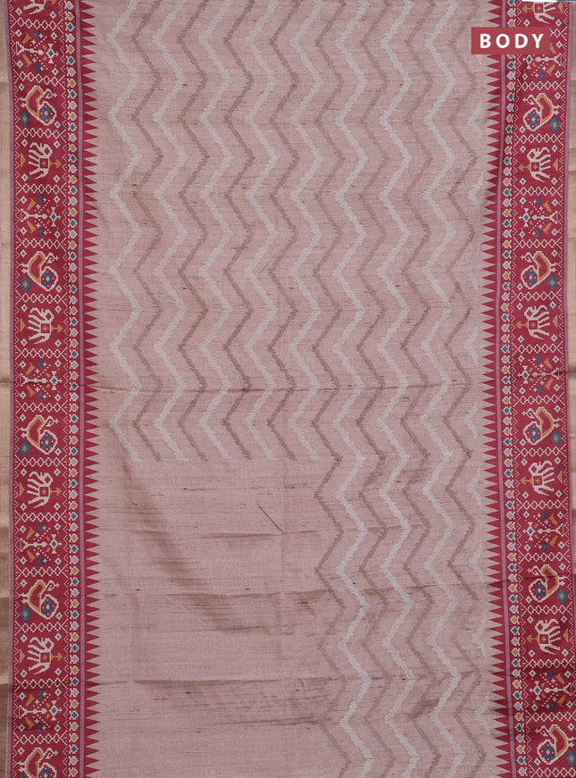 Art tussar saree beige and maroon with allover embroidery work and patola printed border
