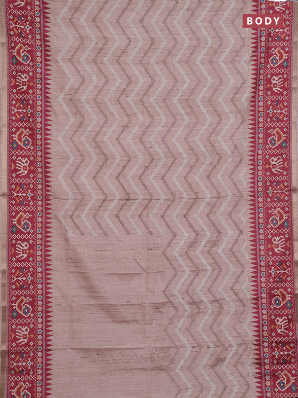 Art tussar saree beige and maroon with allover embroidery work and patola printed border
