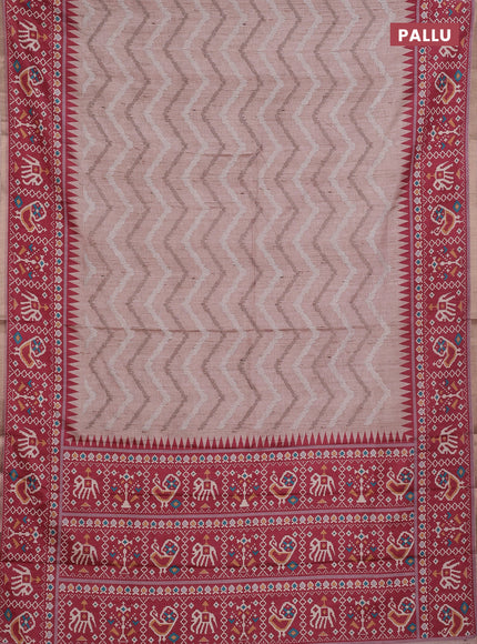 Art tussar saree beige and maroon with allover embroidery work and patola printed border
