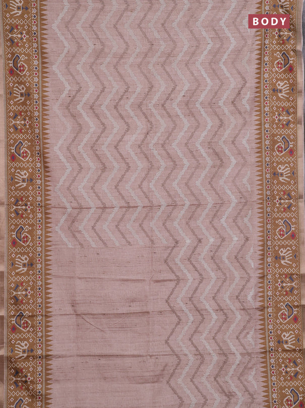 Art tussar saree beige and dark mustard with allover embroidery work and patola printed border