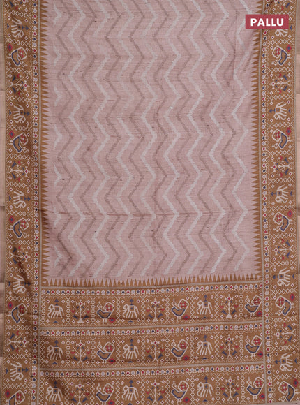 Art tussar saree beige and dark mustard with allover embroidery work and patola printed border