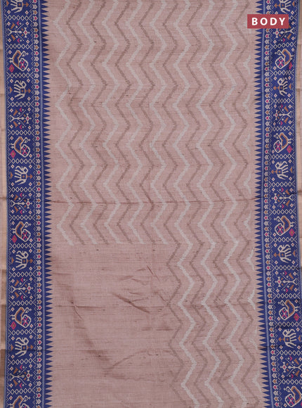 Art tussar saree beige and blue with allover embroidery work and patola printed border