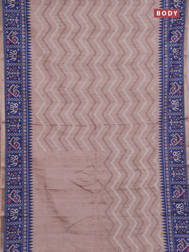 Art tussar saree beige and blue with allover embroidery work and patola printed border