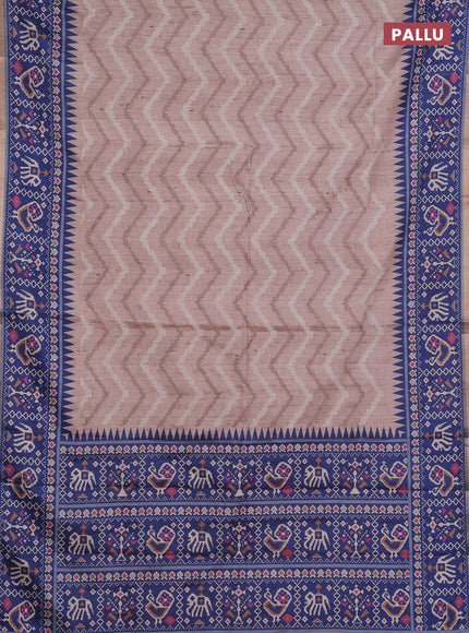 Art tussar saree beige and blue with allover embroidery work and patola printed border