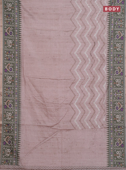 Art tussar saree beige and green with allover embroidery work and patola printed border