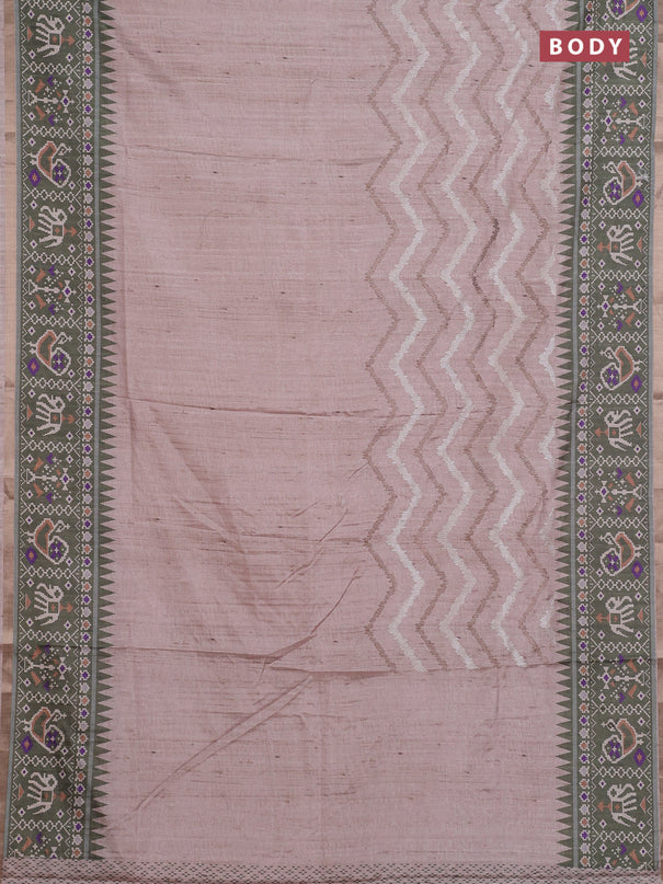 Art tussar saree beige and green with allover embroidery work and patola printed border