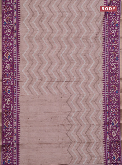 Art tussar saree beige and purple with allover embroidery work and patola printed border