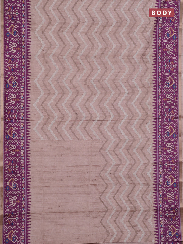 Art tussar saree beige and purple with allover embroidery work and patola printed border