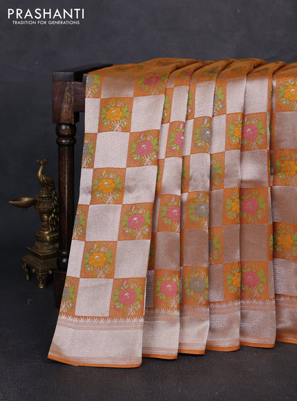 Banarasi raw silk saree dark mustard with allover silver zari weaves & paithani buttas and zari woven border