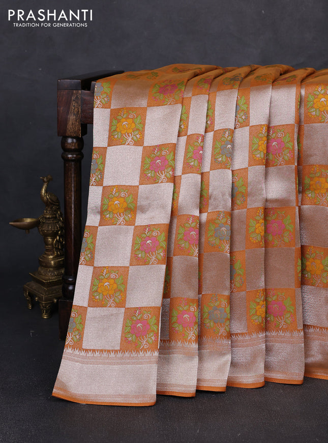 Banarasi raw silk saree dark mustard with allover silver zari weaves & paithani buttas and zari woven border