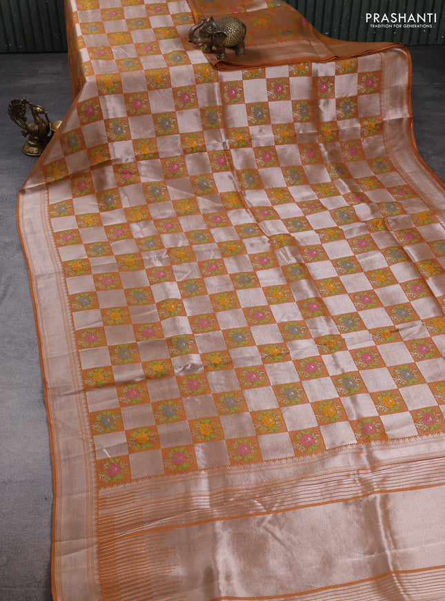 Banarasi raw silk saree dark mustard with allover silver zari weaves & paithani buttas and zari woven border