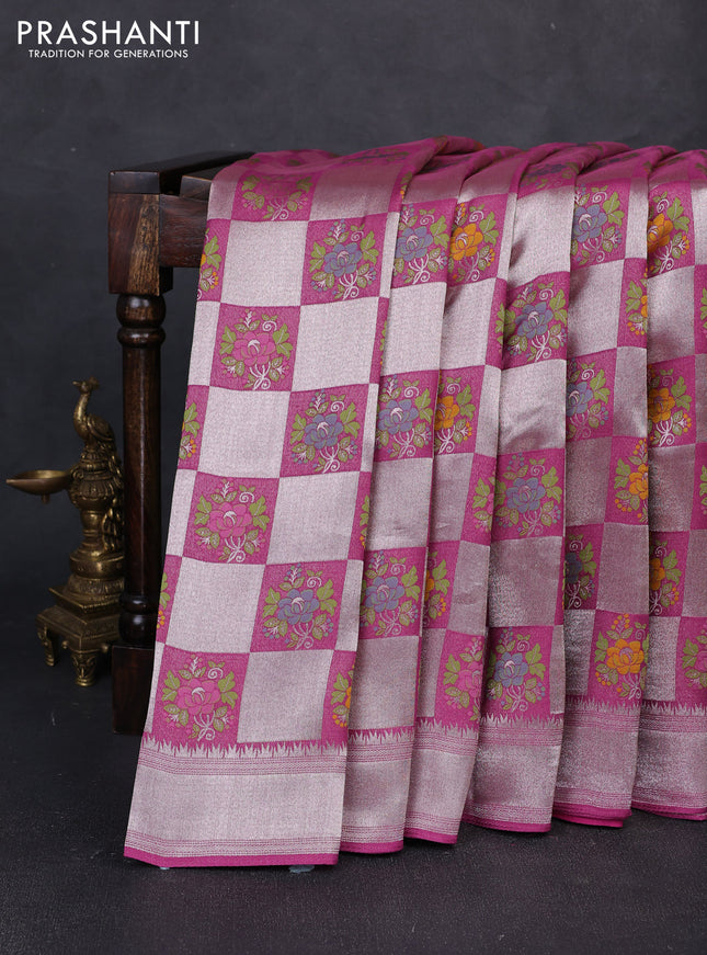 Banarasi raw silk saree magenta pink with allover silver zari weaves & paithani buttas and zari woven border