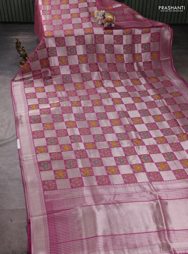 Banarasi raw silk saree magenta pink with allover silver zari weaves & paithani buttas and zari woven border