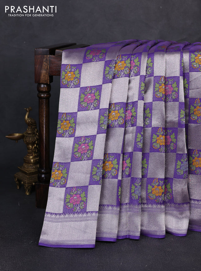 Banarasi raw silk saree violet with allover silver zari weaves & paithani buttas and zari woven border