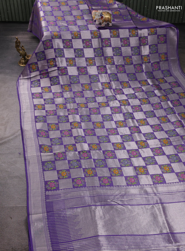 Banarasi raw silk saree violet with allover silver zari weaves & paithani buttas and zari woven border
