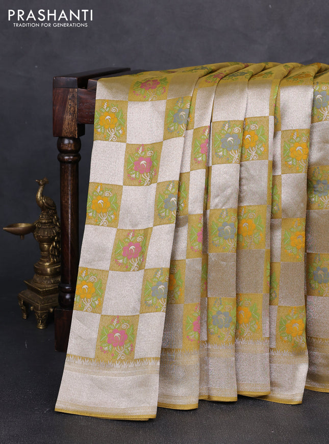 Banarasi raw silk saree mustard green with allover silver zari weaves & paithani buttas and zari woven border