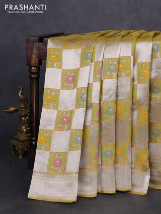 Banarasi raw silk saree mustard green with allover silver zari weaves & paithani buttas and zari woven border
