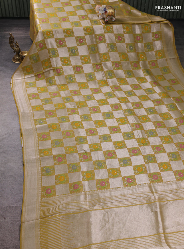 Banarasi raw silk saree mustard green with allover silver zari weaves & paithani buttas and zari woven border