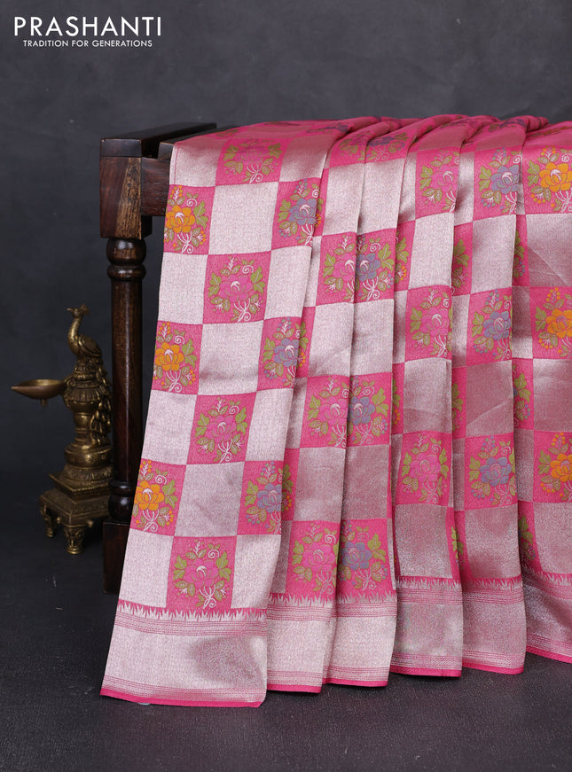 Banarasi raw silk saree pink with allover silver zari weaves & paithani buttas and zari woven border