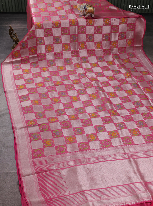 Banarasi raw silk saree pink with allover silver zari weaves & paithani buttas and zari woven border