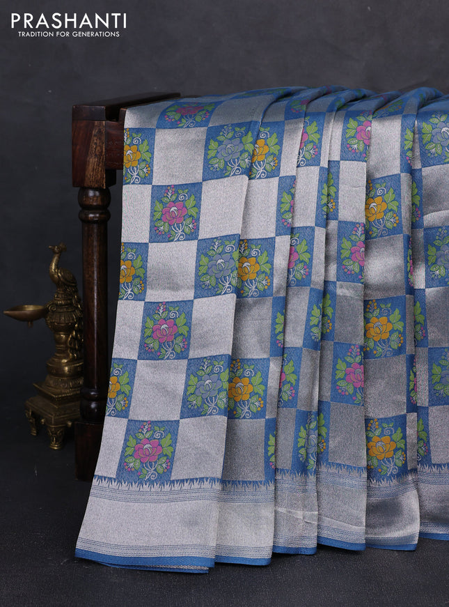 Banarasi raw silk saree peacock blue with allover silver zari weaves & paithani buttas and zari woven border