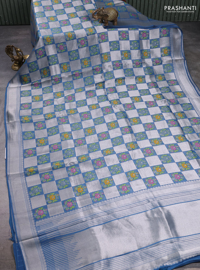 Banarasi raw silk saree peacock blue with allover silver zari weaves & paithani buttas and zari woven border