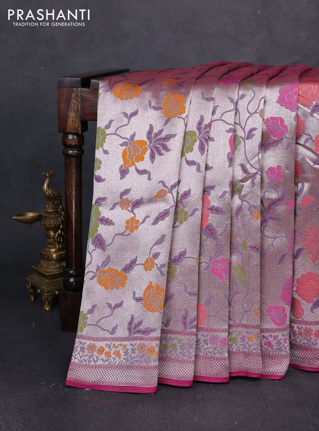 Banarasi raw silk saree wine with allover silver zari woven paithani weaves and paithani style border